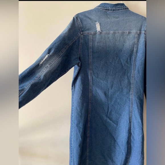 Blue Medium Wash Button-up  Midi Distressed Denim Jacket Dress - Picture 3 of 11